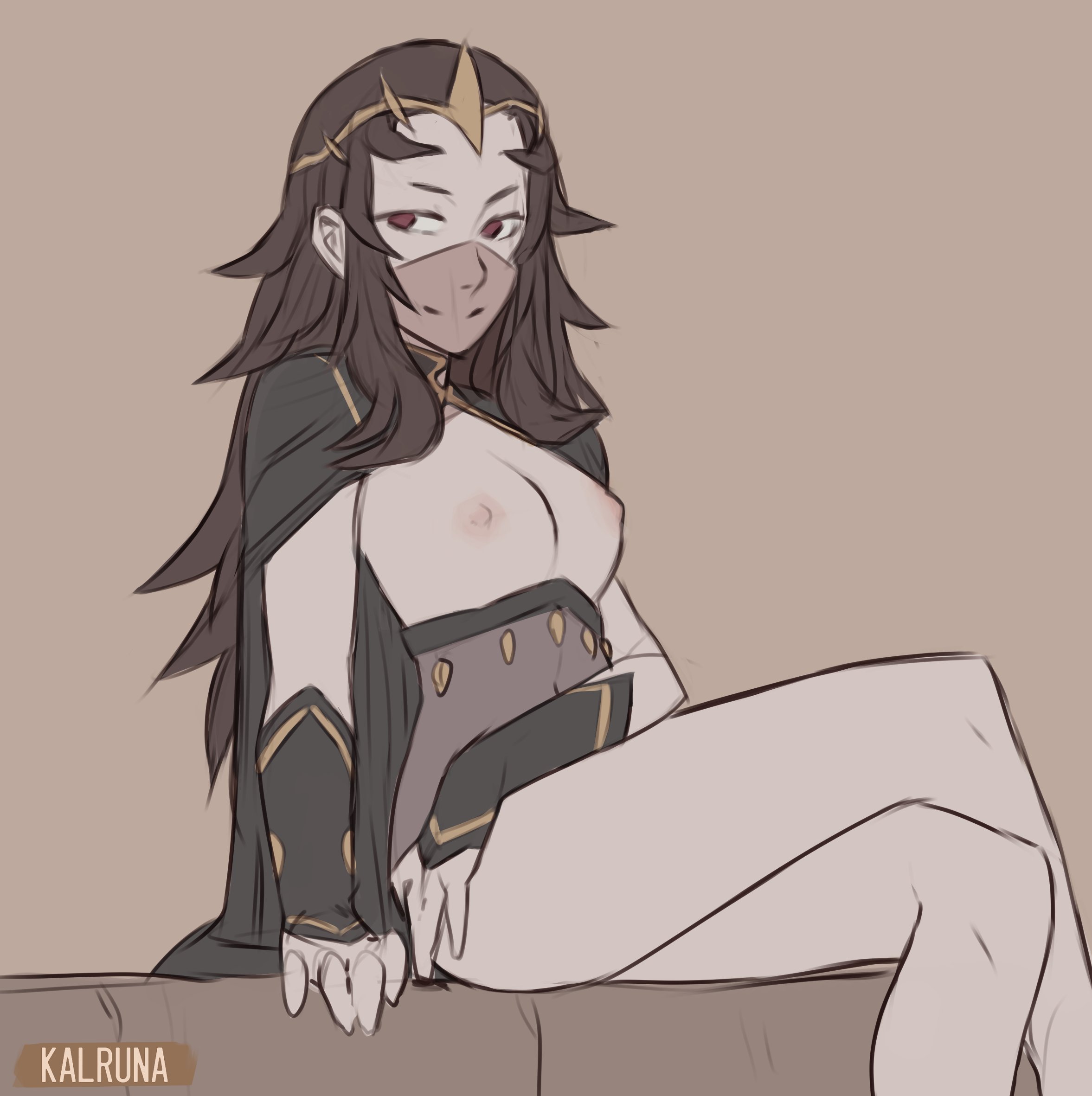 1:1 aspect ratio, artist name, blush, breasts, cape, crossed legs, crown, female, fire emblem, fire emblem fates, high resolution, kalruna, nintendo, nipples, nyx (fire emblem), red eyes, see-through, simple background, sitting, small breasts, smile, solo, veil
