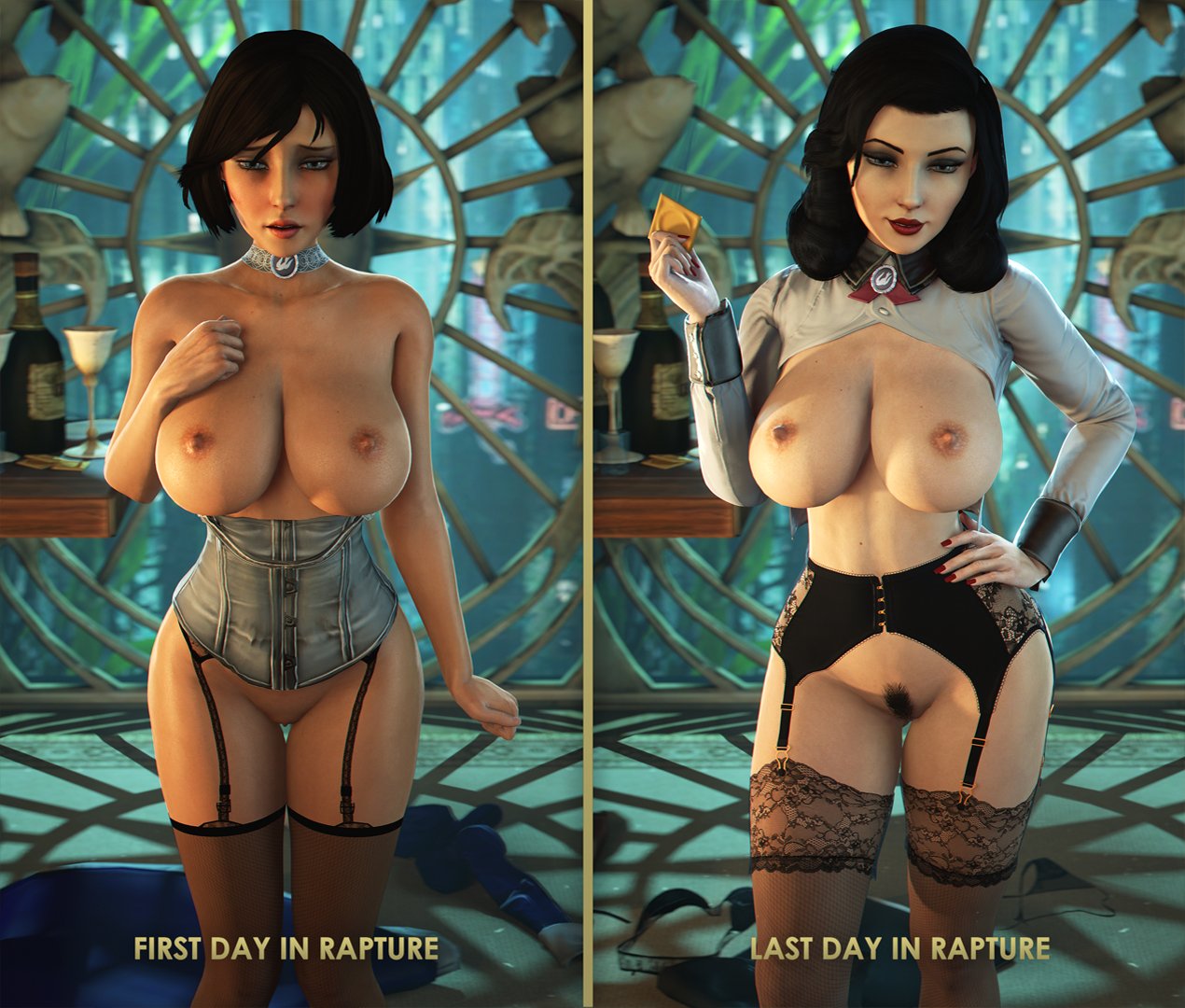 3d, areolae, before and after, big breasts, bioshock, bioshock infinite, black hair, blue eyes, breasts, breasts out, brown hair, burial at sea, busty, choker, clitoral hood, clitoris, condom, condom wrapper, corset, elizabeth comstock, elizabeth comstock (burial at sea), evolution, eyeshadow, female, female focus, female only, garter belt, garter straps, hairless pussy, hourglass figure, labia, large breasts, legwear, light skin, light-skinned female, lipstick, long fingernails, long hair, makeup, mascara, nail polish, nipples, nylons, open shirt, pale skin, pale-skinned female, pinup, pinup pose, pubes, pubic hair, pussy, shaved pussy, shirt, short hair, standing, stockings, tagme, text, vagina, wide hips, wildynsfw