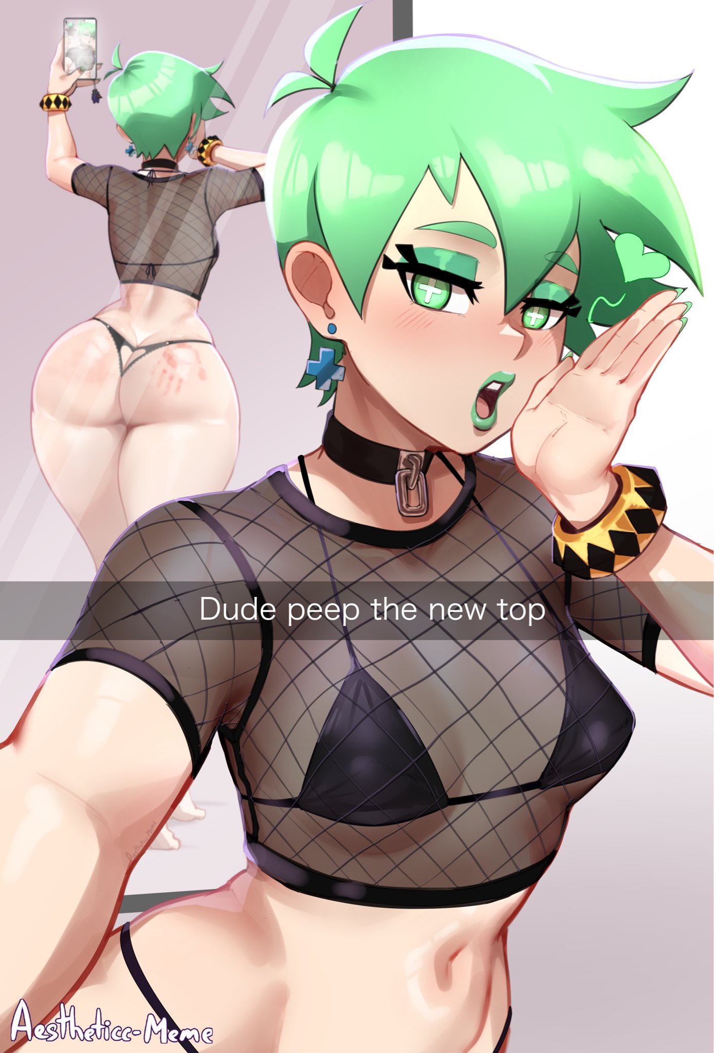 1girls, 2025, aestheticc-meme, big ass, blush, breasts, english text, female, female only, fishnets, green eyes, green hair, green lipstick, heart, lipstick, makeup, mint (skarp world), mirror, mirror reflection, original, original character, selfie, skarp world, small breasts, spank marks, tagme, text, thick thighs, thong, watermark
