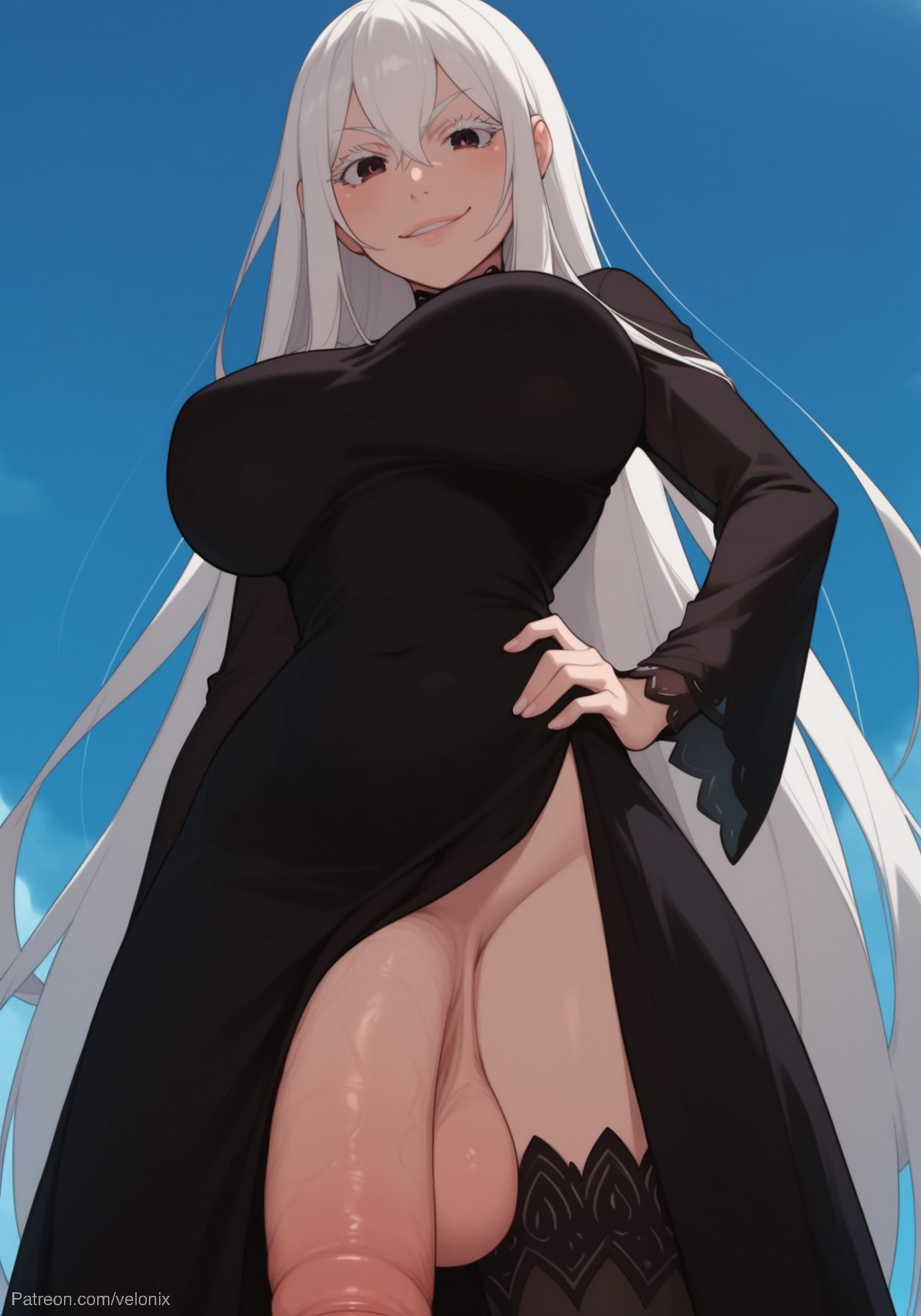 1futa, abs, ai generated, ass, balls, big ass, big breasts, big butt, big hips, big penis, black dress, black eyes, breasts, butterfly hair ornament, cleavage, covered abs, dick, dickgirl, dress, echidna (re:zero), eyebrows, eyelashes, flaccid, flaccid penis, futa only, futanari, grin, grinning, grinning at viewer, hair, hands-free, huge cock, indoors, intersex, lips, long hair, looking at viewer, makeup, narrow waist, narrowed eyes, nose, outside, penis, re:zero kara hajimeru isekai seikatsu, seducing, seductive, seductive eyes, seductive gaze, seductive look, seductive mouth, seductive pose, seductive smile, smile, smile at viewer, smiley face, smooth balls, smooth penis, smooth skin, solo, solo dickgirl, solo focus, solo futa, testicles, velonix, white hair, witch