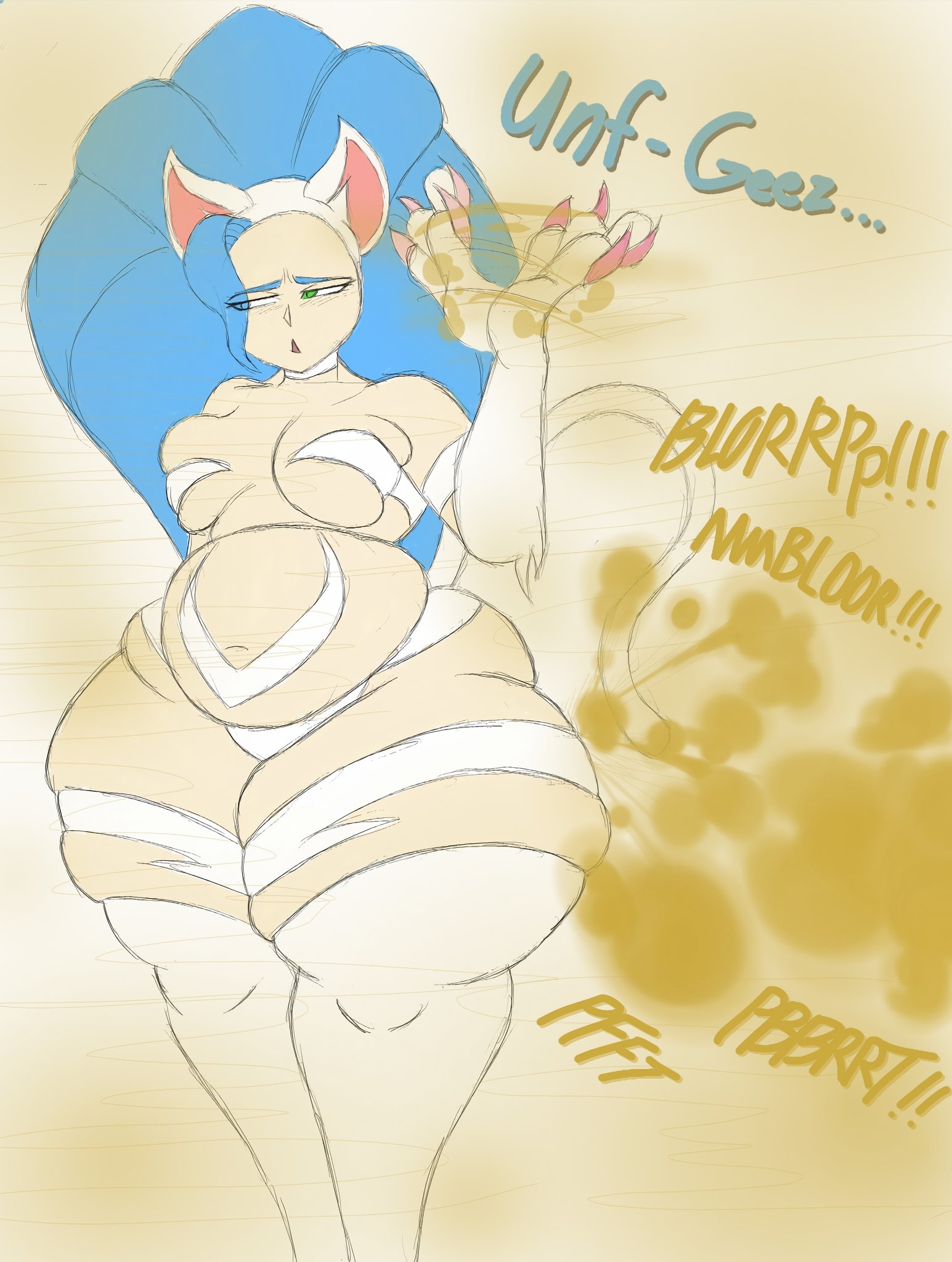 1girls, bbw, big ass, big belly, big butt, blue hair, bottom heavy, bottom heavy female, cat ears, cat girl, cat tail, chubby, chubby female, claws, darkstalkers, fanning, fart, fart cloud, fart fetish, farting, fat ass, fat butt, felicia (darkstalkers), female, green eyes, huge ass, huge butt, light-skinned female, long hair, nightmaresfd, partially clothed, simple background, solo, stench, stinky, stinky fart, voluptuous, voluptuous female