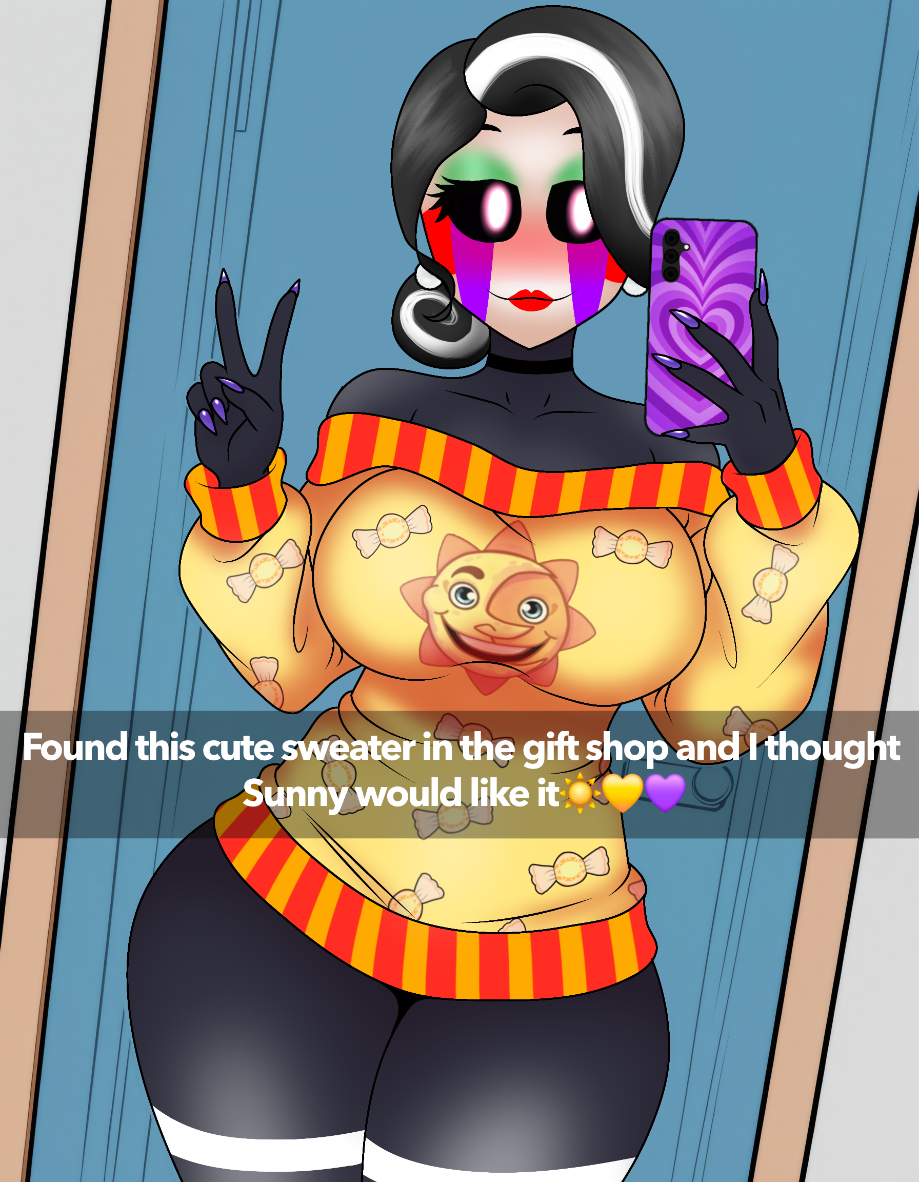 animatronic, animatronic female, daycare attendant (fnaf), female, five nights at freddy, five nights at freddy's, five nights at freddy's: security breach, marionette (fnaf), puppet (fnaf), questionable identity, selfie, sexy body, sexy clothing, snapchat, solo