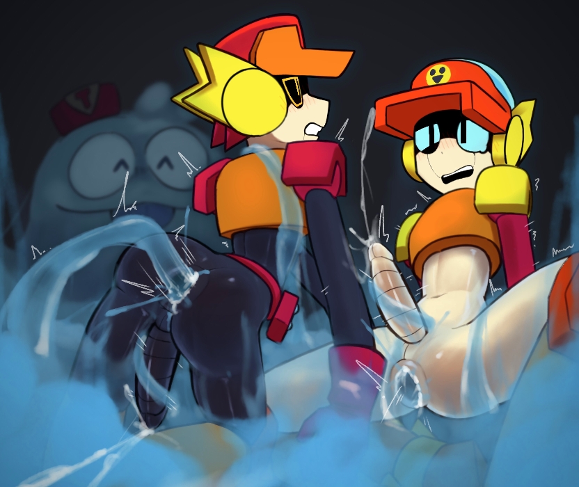 2boys, anal, anal penetration, anal sex, blue eyes, blush, brawl stars, brothers, buttocks, cap, colored, cop, cum, cum in ass, cum inside, cumming, dark background, gay, gay sex, helmet, larry (brawl stars), lawrie (brawl stars), male, male only, penis, raped, raped by tentacles, reko (artist), robot, robot boy, robot humanoid, robot penis, shaking lines, simple background, slime, squeak (brawl stars), tear, tentacle, tentacle rape, tentacle sex, tentacles, yaoi, yellow eyes