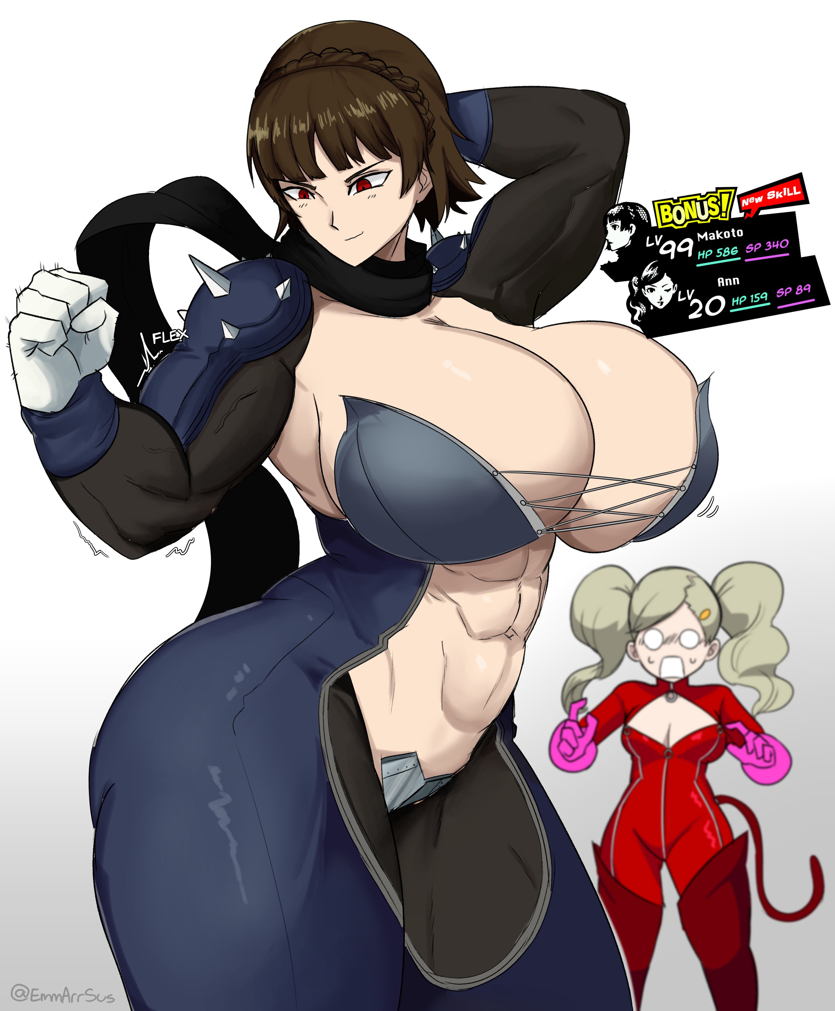 2girls, adapted costume, alternate breast size, alternate costume, alternate muscle size, ann takamaki, ann takamaki (panther), breast envy, breast expansion, breasts, cleavage, emmarrgus, female, flexing, growth, huge breasts, impossible clothes, latex, level difference, looking at another, makoto niijima, makoto niijima (queen), muscle growth, muscles, muscular, muscular female, persona, persona 5, phantom thief suit, scarf, shocked, size difference, thick thighs