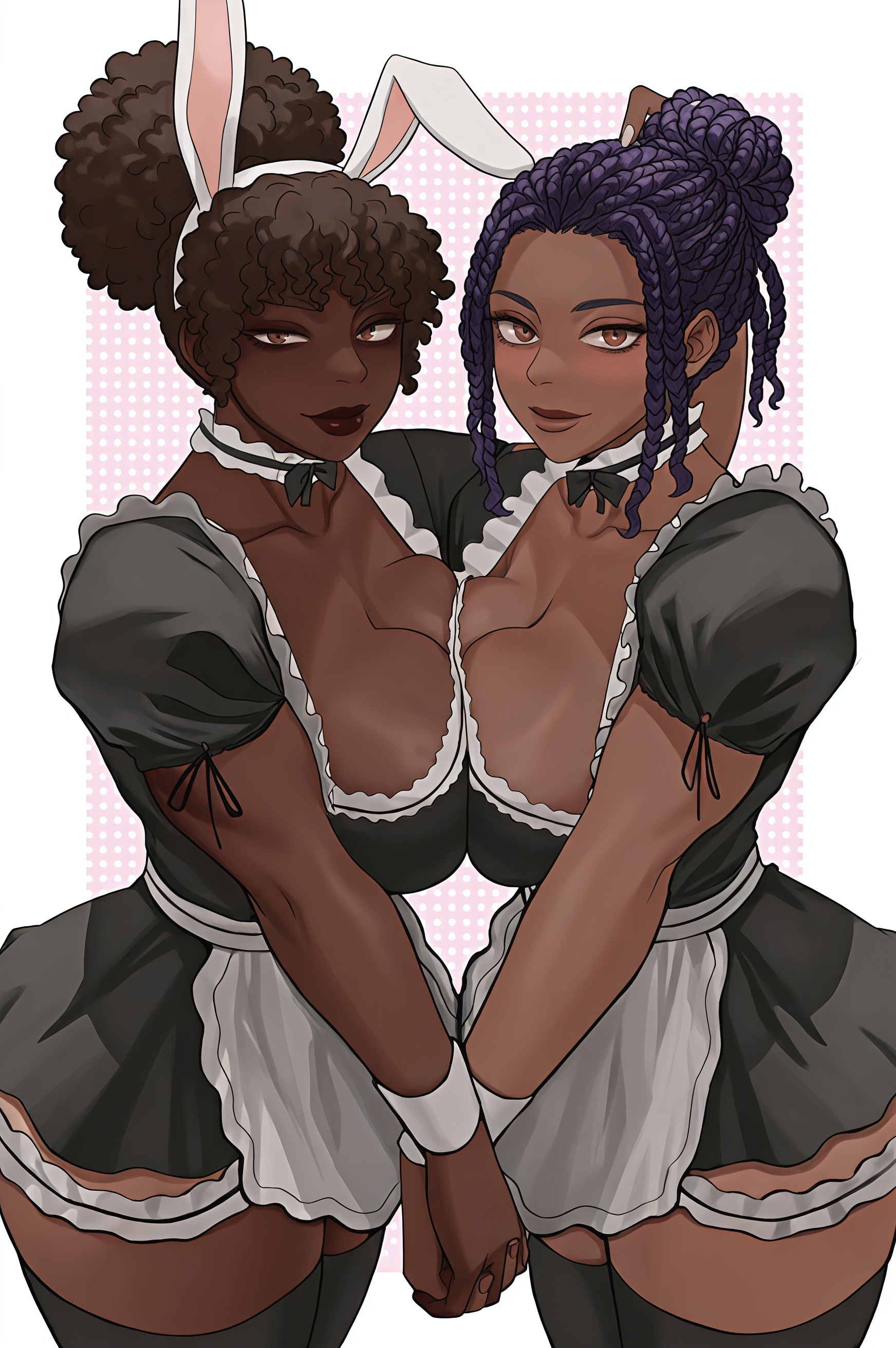 2girls, african female, afro, ai generated, big breasts, black woman, breasts, brown eyes, bunny ears, choker, cleavage, curly hair, dark skin, dark-skinned female, dreadlocks, female, female only, fingers intertwined, holding hands, interlocked fingers, lipstick, looking at viewer, maid, maid outfit, maid uniform, original, original characters, purple hair, solo, solo female, thick, thick lips, thick thighs, thigh highs, thighhighs