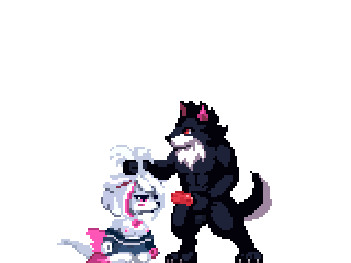 1boy, 1girls, 4:3, animal ears, animal genitalia, animal penis, animated, anthro, balls, black fur, canid, canine, canine penis, canis, cum, cum inside, cumshot, dress, duo, ejaculation, erection, fellatio, female, furry, game cg, genitals, hair grab, knot, knotting, male, nude, oral, oral knotting, partially clothed, penis, pink fur, pixel art, tagme, tail, transparent background, werewolf, white fur, wolf, yj project, yoki j (yj)