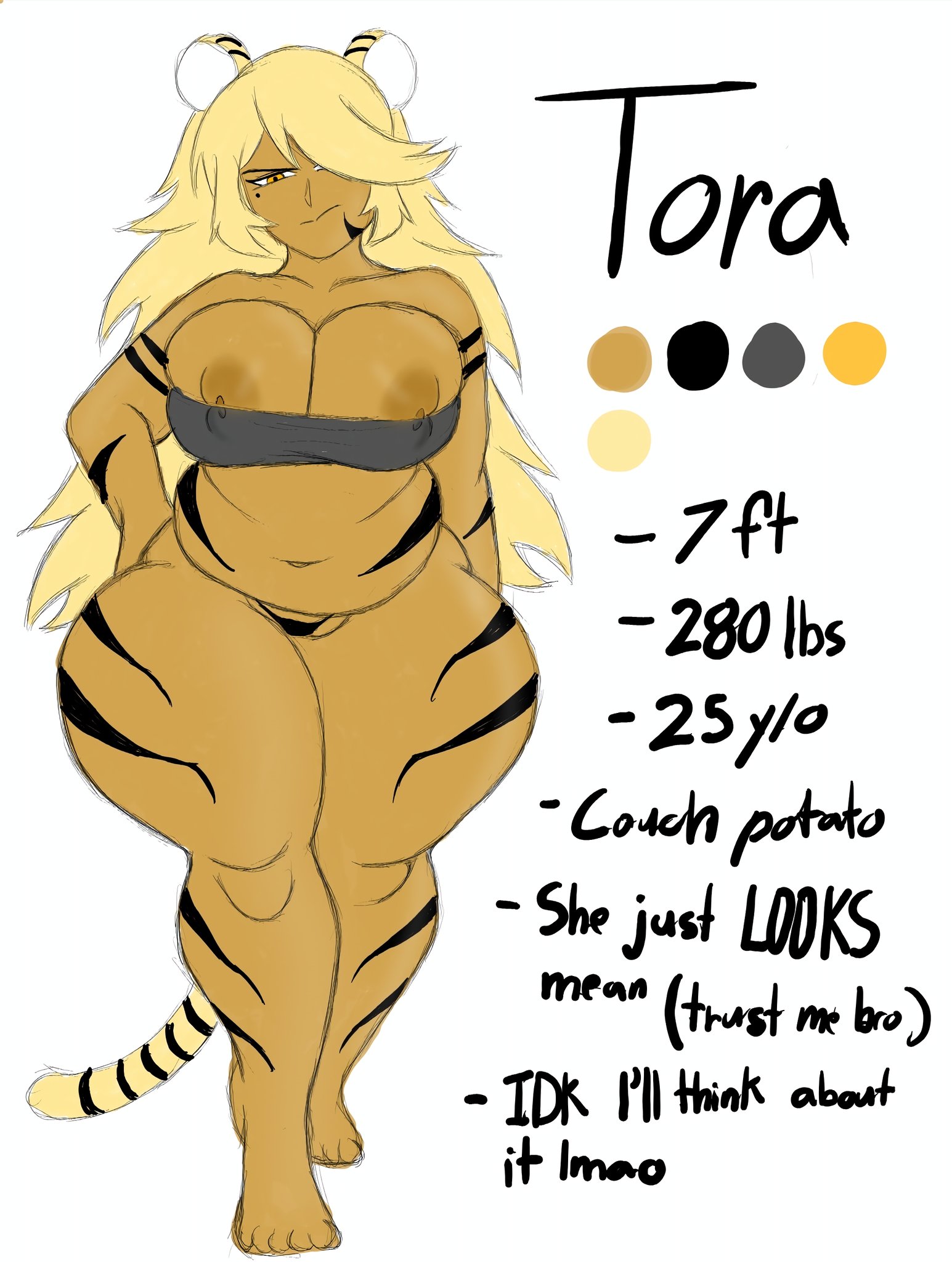 1girls, almost naked, big ass, big breasts, big butt, blonde hair, breasts, character sheet, female, huge ass, huge breasts, huge butt, huge thighs, long hair, nightmaresfd, nude, oc, original character, serious face, solo, thick, thick ass, thick thighs, tiger, tiger ears, tiger girl, tiger print, tiger tail, tora (nightmaresfd), voluptuous, voluptuous female