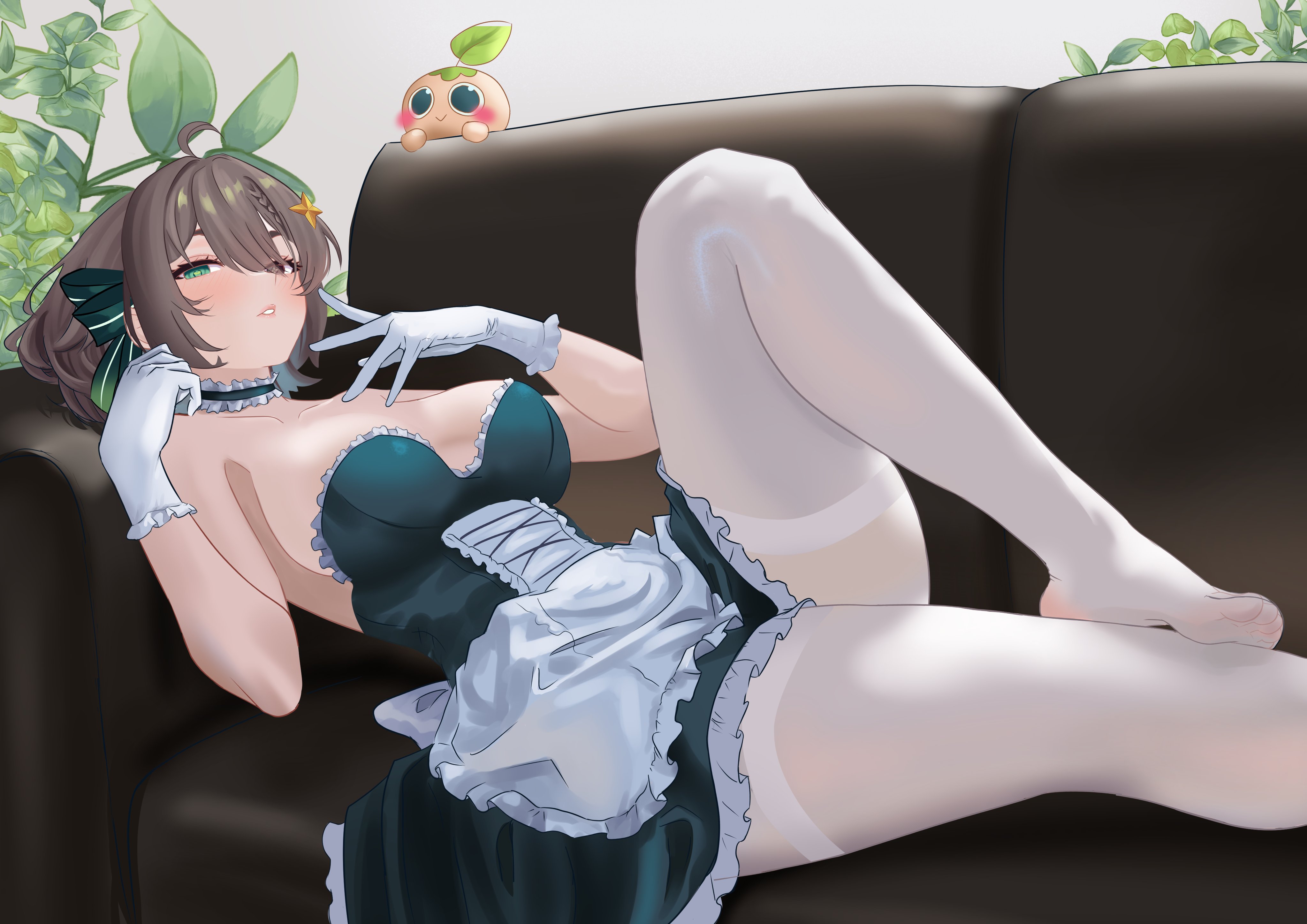 1girls, 2d, 2d (artwork), big breasts, big thighs, blush, breasts, bro-tecitos (meica), brown eyes, brown hair, estebaneishon1, feet, female, female only, foot fetish, green eyes, indie virtual youtuber, light skin, light-skinned female, maid, maid outfit, maid uniform, meica, sexy, sexy pose, short hair, smiling, sofa, thighs, virtual youtuber, voluptuous, voluptuous body, voluptuous female, vtuber, vtuberfanart, white gloves, white stockings
