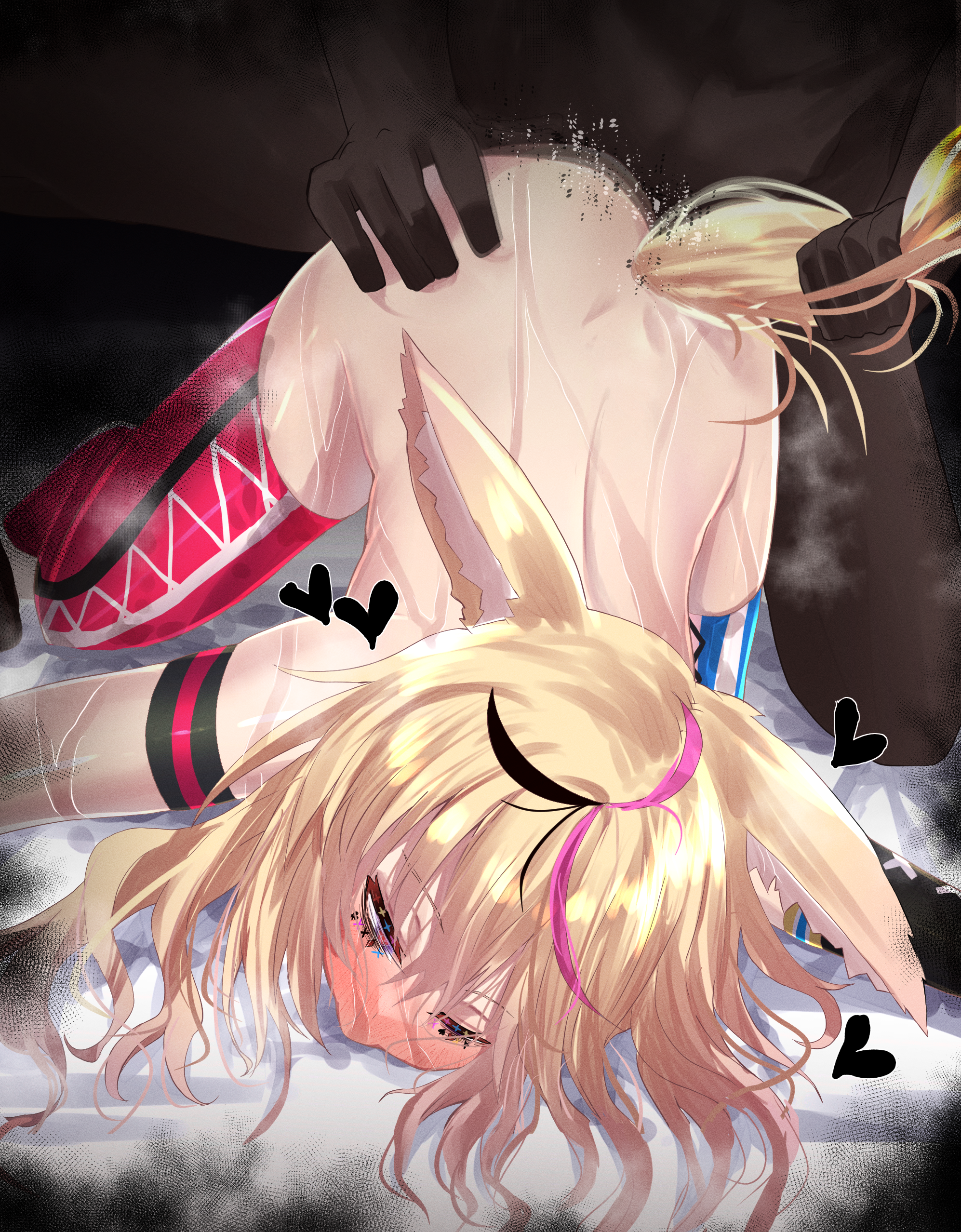 animal ears, bed, dark-skinned male, doggy style, happa freee, hololive, hololive gen 5, hololive japan, male, omaru polka, on bed, sex, sweat, tail, tail grab, thighhighs, virtual youtuber