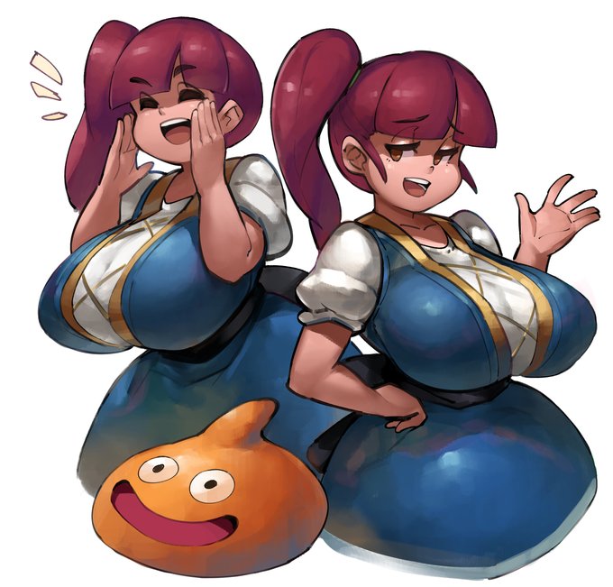 1girls bangs breasts busty clothing dragon_quest dragon_quest_builders_2 dress huge_breasts large_breasts lulu_(dqb2) red_hair she-slime side_ponytail slime slime_(dragon_quest) smile smug zako_(arvinry)