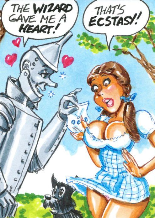 braids breasts brown_hair cleavage clothing dialogue dog dorothy_gale dress drugs ecstasy joe_gravel large_breasts miniskirt nipples parody sketch_card speech_bubble surprise surprised text the_wizard_of_oz tin tin_(metal) tin_man toto_(dog)