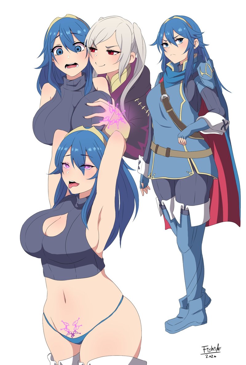 2020 2girls alternate_breast_size armpits arms_above_head big_breasts bimbo black_eyebrows blue_eyes blue_hair blue_panties blush boots brand_of_the_defile breast_expansion breast_grab breasts busty cape cleavage cleavage_cutout corruption cuddlephish0 dated femdom femsub fire_emblem fire_emblem_awakening fishi_webcomics glowing glowing_eyes grey_hair grima_(fire_emblem) grope groping headband huge_breasts hypnosis large_breasts long_hair lucina_(fire_emblem) mind_control multiple_girls naughty_face navel nintendo no_pants open_mouth panties pants_removed pubic_tattoo purple_eyes red_eyes robin_(fire_emblem) robin_(fire_emblem)_(female) seductive seductive_smile skimpy_clothes small_breasts smile standing tattoo thick_thighs thighhighs thong tongue tongue_out underwear undressed white_hair wide_hips yuri