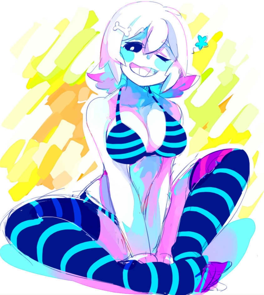 artist request, bikini, breasts, female, glowing eyes, rule 63, sans, smile, socks, star, stripes, undertale
