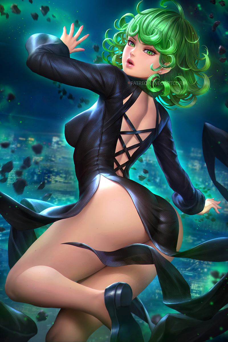 1girls, ass, big ass, big breasts, breasts, female, female only, green eyes, green hair, looking at viewer, looking back, neoartcore, one-punch man, pokies, solo, solo female, tatsumaki, thighhighs