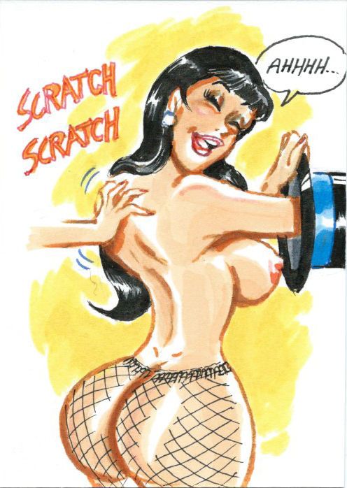 breasts dc dc_comics dialogue female female_only humor itching joe_gravel large_breasts nipples scratching sketch_card smile solo speech_bubble straight_hair superheroine text zatanna zatanna_zatara