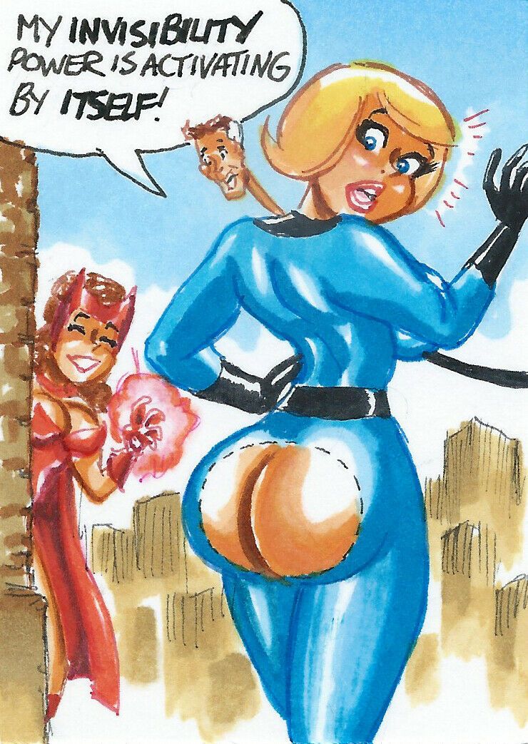 ass avengers blonde_hair breasts brown_eyes dat_ass dialogue exposed_butt fantastic_four female human humor invisible_woman joe_gravel large_breasts magic male marvel marvel_comics mr_fantastic nipples reed_richards scarlet_witch sketch_card smile speech_bubble sue_storm surprise surprised text wanda_maximoff x-men