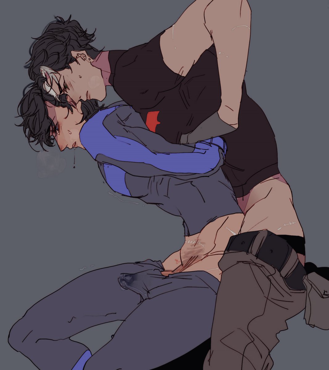 2boys, adoptive siblings, anal, anal sex, arms behind back, arms held back, batcest, batman (series), black hair, black shirt, blue shirt, boner, clothed male, clothed sex, crying, cum, cum while penetrated, dark background, dc, dc comics, dick grayson, doggy style, domination, erection, erection under clothes, forced, from behind, gay, gay domination, grey background, handsfree ejaculation, human, human only, inseki, jason todd, male, male on male, male only, male/male, nightwing, pants down, prison guard position, questionable consent, red hood (dc), scars, shirt, superhero costume, sweat, uncensored, yaoi