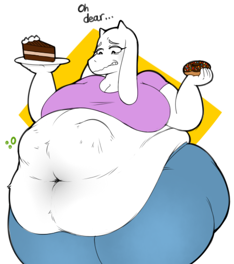 2017 accidental_vore anthro bottom_heavy bulging_belly concern concerned donut english_text fat female female_only female_pred food furry goat inside_stomach large_belly milf navel pants pie pink_shirt solo_female spaghettiz stomach_bulge text toriel undertale video_games vore worried