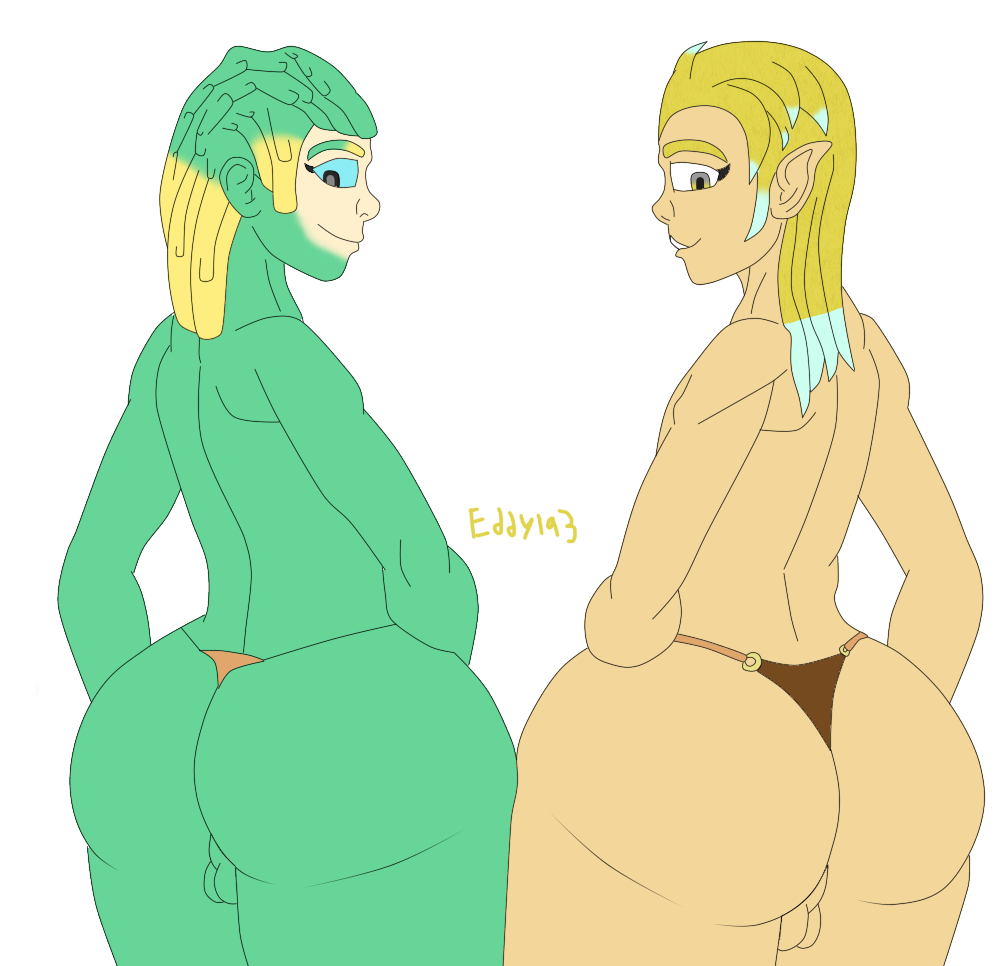 2boys back_view backsack balls ballsack big_ass big_butt blue_eyes femboy gay girly green_hair green_skin hb-edstar korra_(eddy193) light-skinned_femboy light-skinned_male light_skin long_hair looking_at_butt looking_down male male/male male_only male_presenting multicolored_eyes multicolored_hair orc orc_femboy original original_character original_characters ornoc_(eddy193) pointy_ears slime smile transparent_background