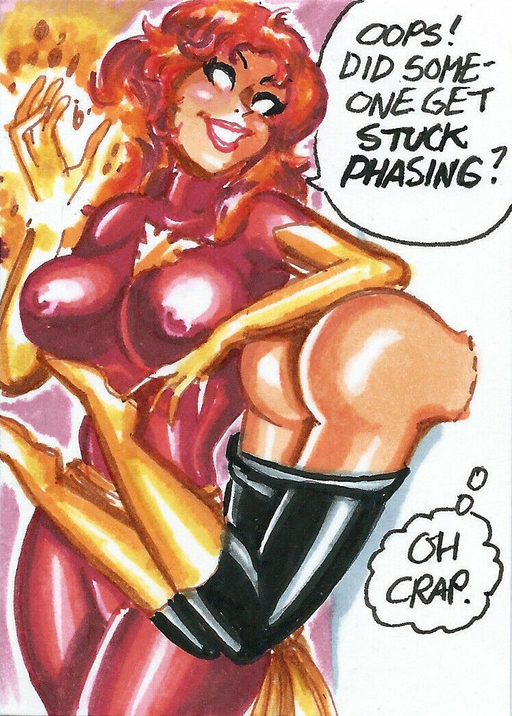 2girls ass bodysuit breasts clothing dark_phoenix dialogue exposed exposed_ass female female_only humor jean_grey joe_gravel kitty_pryde large_breasts marvel marvel_comics multiple_girls mutant nipples phasing phoenix_(x-men) shadowcat sketch_card speech_bubble stuck stuck_in_object stuck_in_wall superheroine superpowered_sex superpowers text x-men yuri