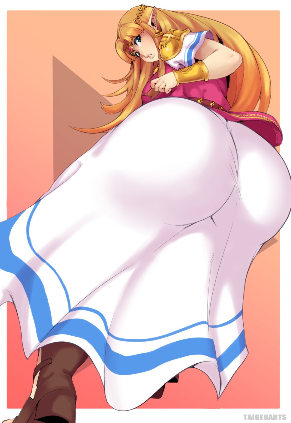 1girls, a link between worlds, ambiguous background, ass, ass in dress, background, bangs, big ass, bimbo, blonde hair, blue eyes, boots, bottom heavy, bracelet, breasts, bubble ass, bubble butt, circlet, dress, earrings, favorite, female, female focus, female only, from behind, high heels, high resolution, huge ass, hylian, jewelry, light skin, light-skinned female, lips, long hair, looking at viewer, looking back, nintendo, pauldron, pointed ears, princess zelda, short sleeves, sideboob, solo, solo female, super smash bros., taigerarts, the legend of zelda, tiara, tight clothing, tight dress, triforce, wide hips, zelda (a link between worlds)