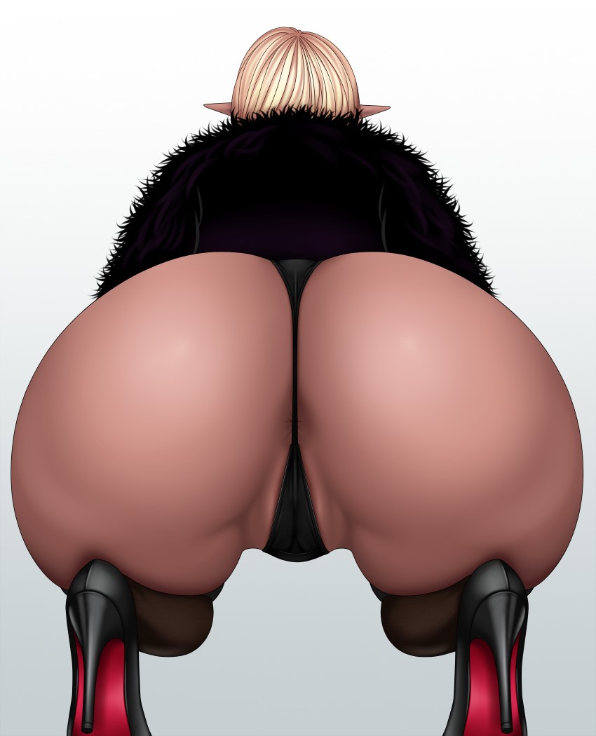 1girls, ass, baru (val-val), big ass, elf, female, female only, fur coat, high heels, huge ass, panties, solo, squatting, thick thighs, thong, wide hips