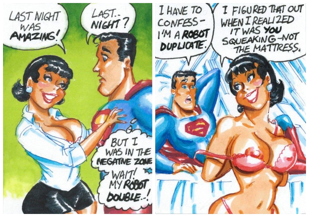 after_sex black_hair bra breasts clark_kent confession dc dc_comics dialogue dressing earrings female joe_gravel large_breasts lois_lane male nipples short_hair sketch_card smile speech_bubble superman superman_(series) text