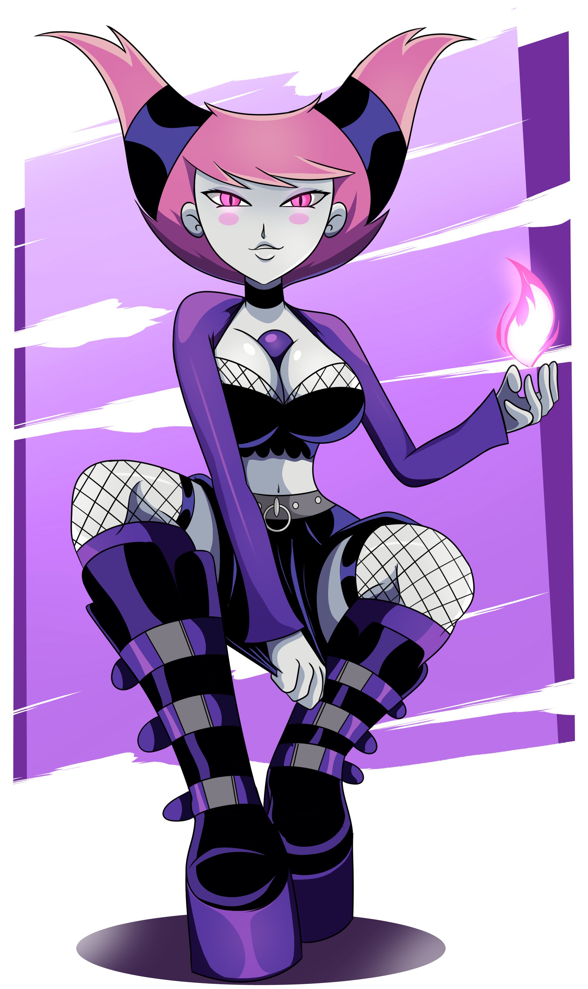 1girls, boots, cartoon network, cleavage, dc, dc comics, female, fishnets, goth, grey skin, jinx (dc), kneehighs, magic, pink eyes, pink fire, pink hair, pinup, platform boots, platform shoes, purple clothing, solo, solo female, sonson-sensei, supervillain, teen titans, twintails, white skin, witch