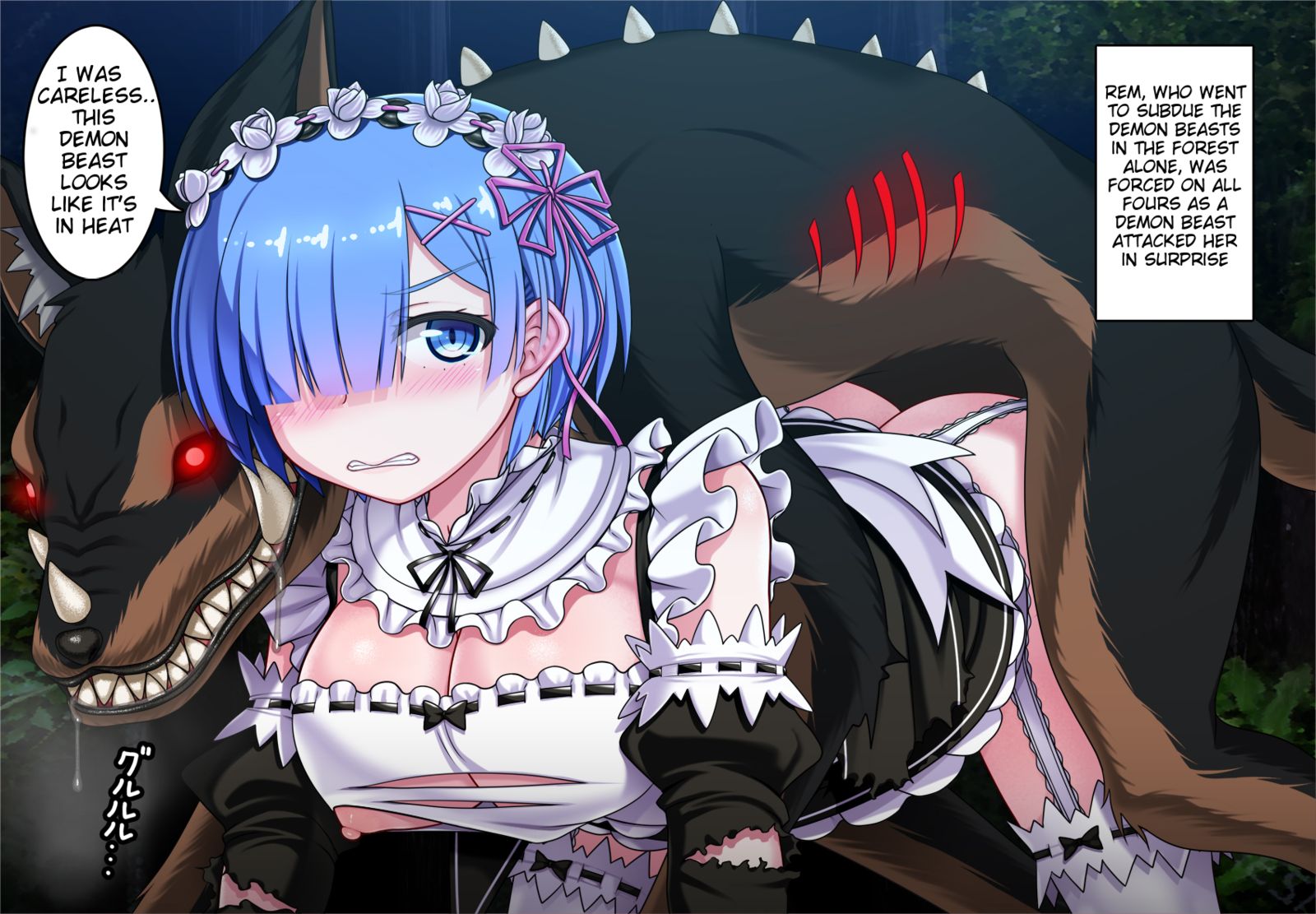blue eyes, blue hair, blush, breasts, canine, clothed rape, female, large breasts, maid, maid headdress, nipples, no bra, no panties, rape, re:zero kara hajimeru isekai seikatsu, rem (re:zero), thighhighs, torn clothes, viscaria, zoophilia