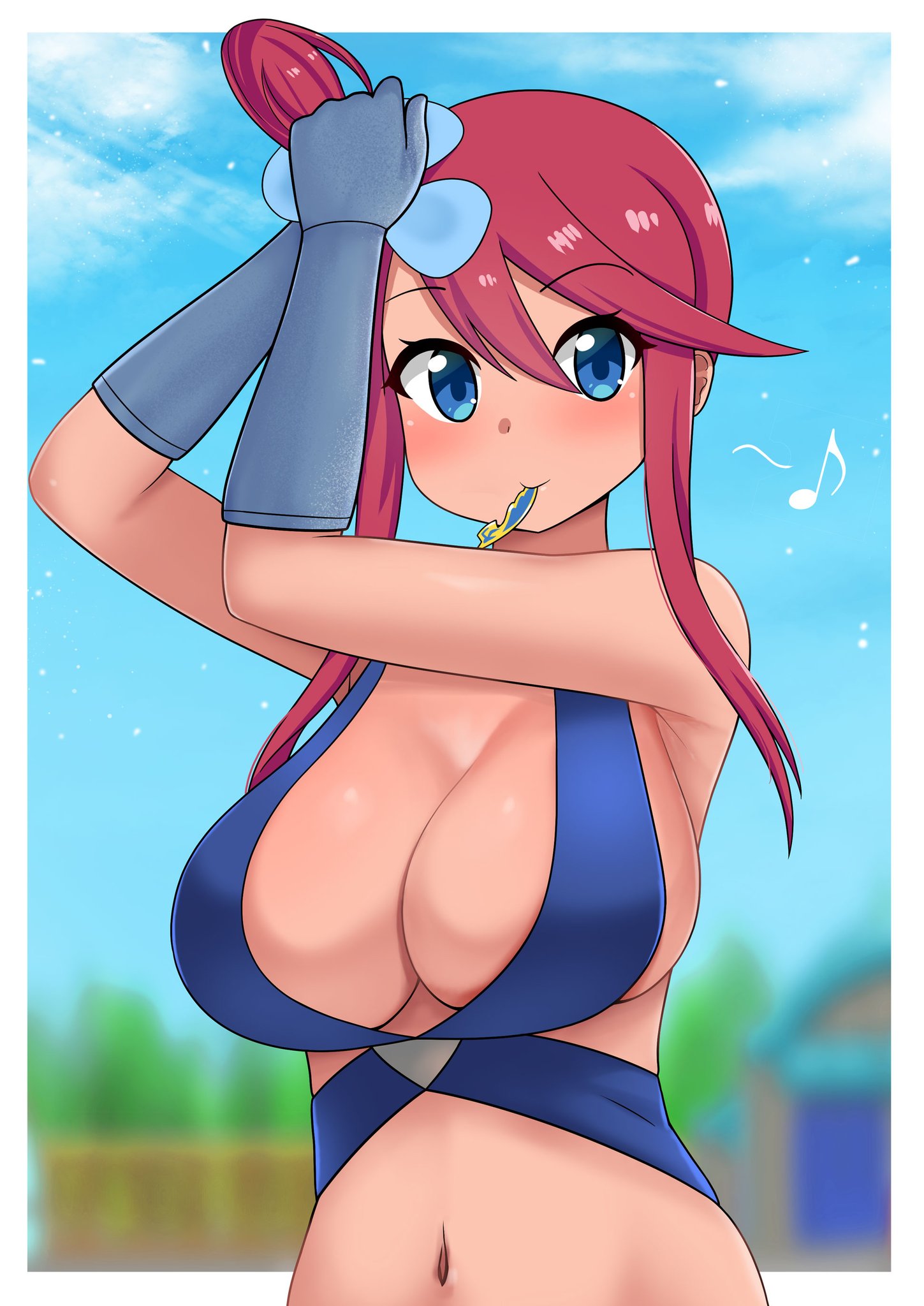 1girls, alternate breast size, alternate outfit, armpits, belly, bikini, blue eyes, blush, breasts, cleavage, eye contact, female, gloves, hair ornament, higher resolution available, human, large breasts, looking at viewer, midriff, mouth hold, musical note, navel, nintendo, nonude, outdoors, pokemon, pokemon bw, red hair, revealing clothes, skyla (pokemon), smile, solo, source request, the only shoe, white border