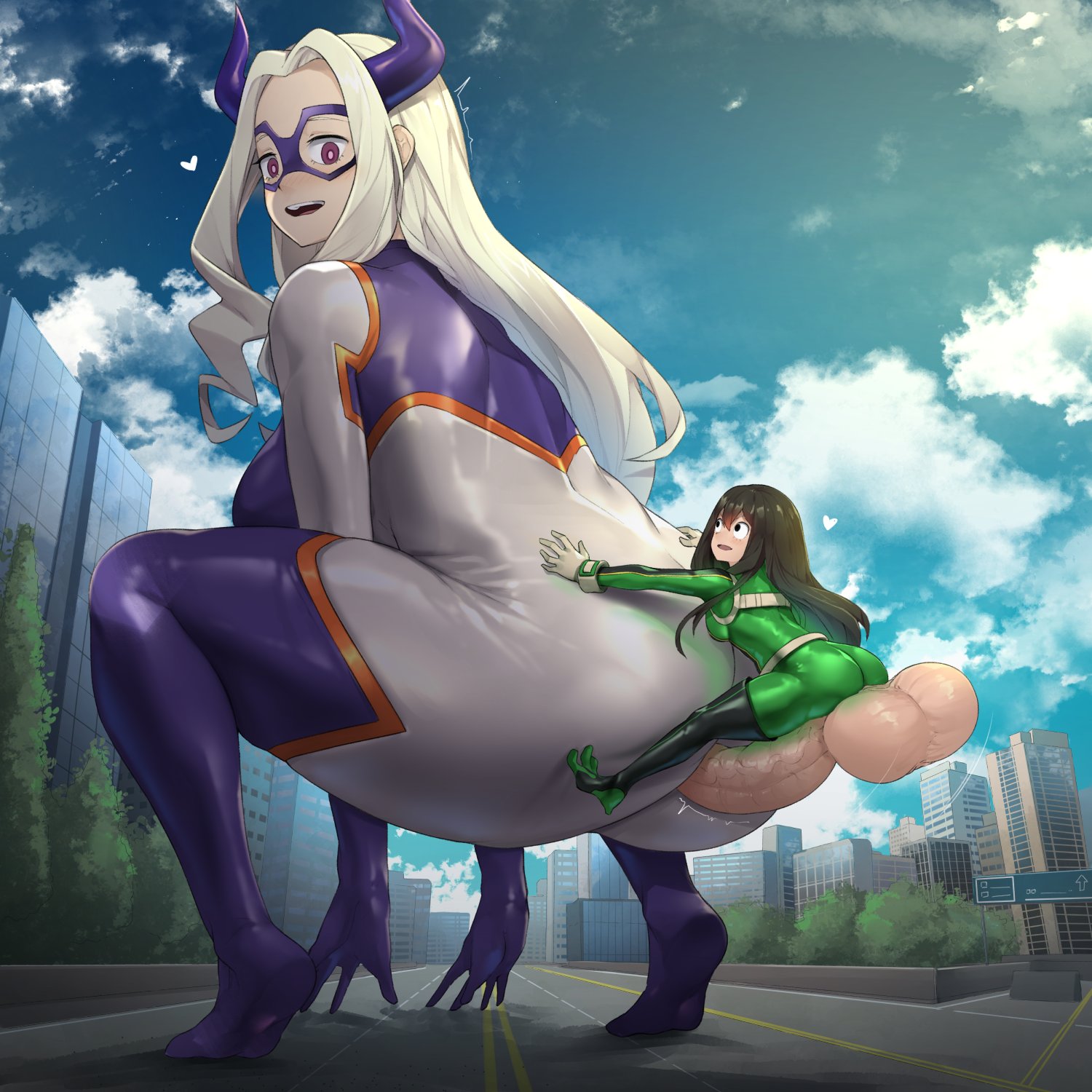 1futa, 1girls, ass, balls, big ass, big breasts, breasts, city, female, futa on female, futanari, hero outfit (mha), huge ass, huge cock, intersex, larger female, mount lady, my hero academia, outside, penis, sinensian, size difference, small but hung, smaller futa, tight clothing, tight fit, tsuyu asui, uncensored, yuu takeyama