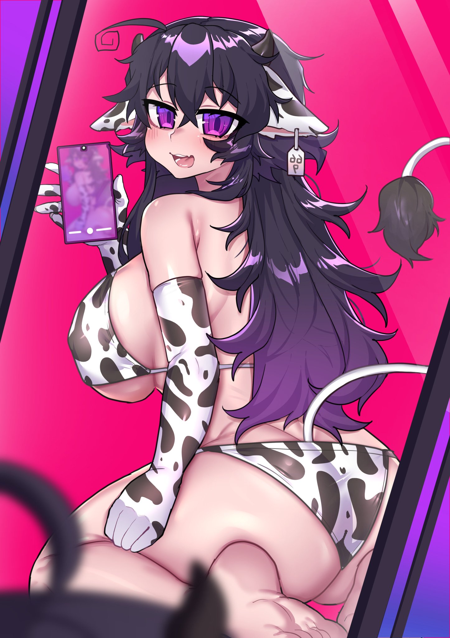 ass, barefoot, big ass, big breasts, bikini, breasts, cow bikini, cow ears, cow girl, cow horns, cow print, cow tail, crawling dreams, dark hair, female, gloves, goth, huge ass, huge breasts, long hair, mirror, mirror selfie, naughty face, nipple bulge, nyarla (crawling dreams), nyarla (osiimi), osiimi, panties, purple hair, seductive, seductive smile, selfie, sideboob, smile, tag, thick thighs