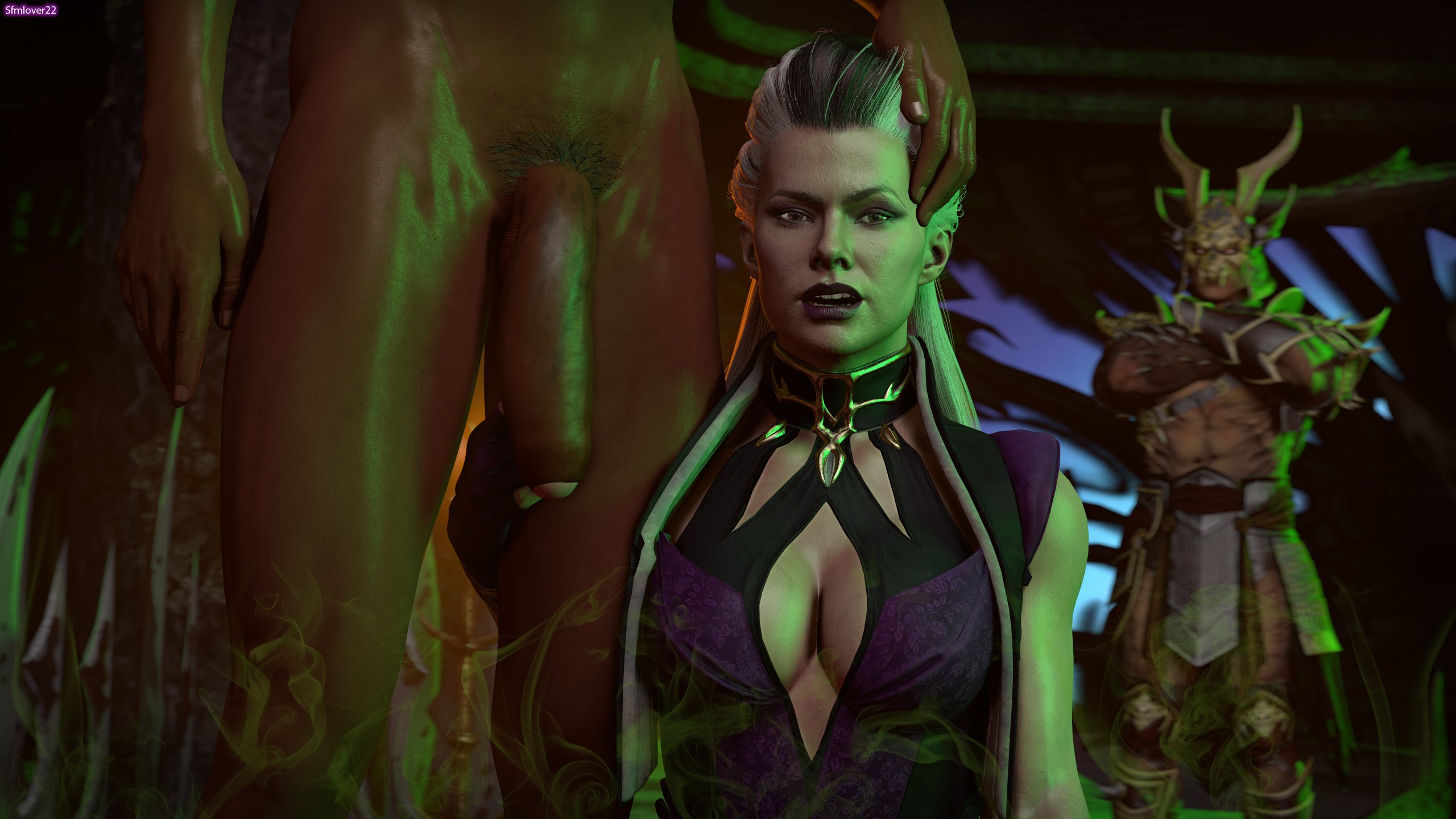 1girls, 2girls, 3d, 5 fingers, armor, artist name, athletic, athletic female, balls, bare legs, bare shoulders, big penis, black hair, breasts, brown eyes, cleavage, cleavage cutout, clothed female, clothed female nude male, cuckold, curvaceous, curvy, curvy figure, dark hair, dark skin, dark-skinned female, dark-skinned male, deep cleavage, detailed background, english, english text, exposed penis, eyelashes, eyeshadow, facing viewer, female, flaccid, flaccid penis, foreskin, gloves, hand on head, huge cock, huge penis, imminent oral, imminent sex, interracial, large breasts, large penis, light skin, light-skinned female, light-skinned male, lipstick, long hair, long penis, looking at viewer, makeup, male, male pubic hair, mascara, mature, mature female, milf, mortal kombat, mortal kombat 11, mouth open, multiple boys, multiple males, muscles, muscular, muscular male, naked, netherrealm studios, no bra, no underwear, nude, nude male, nudity, open mouth, pale, penis, penis out, pinup, pose, posing, precum, pubic hair, purple lips, round ears, royalty, sfmlover22, shao kahn, sindel, sleeveless, standing, testicles, text, thick penis, two-tone hair, uncircumcised, very long hair, voluptuous, white hair
