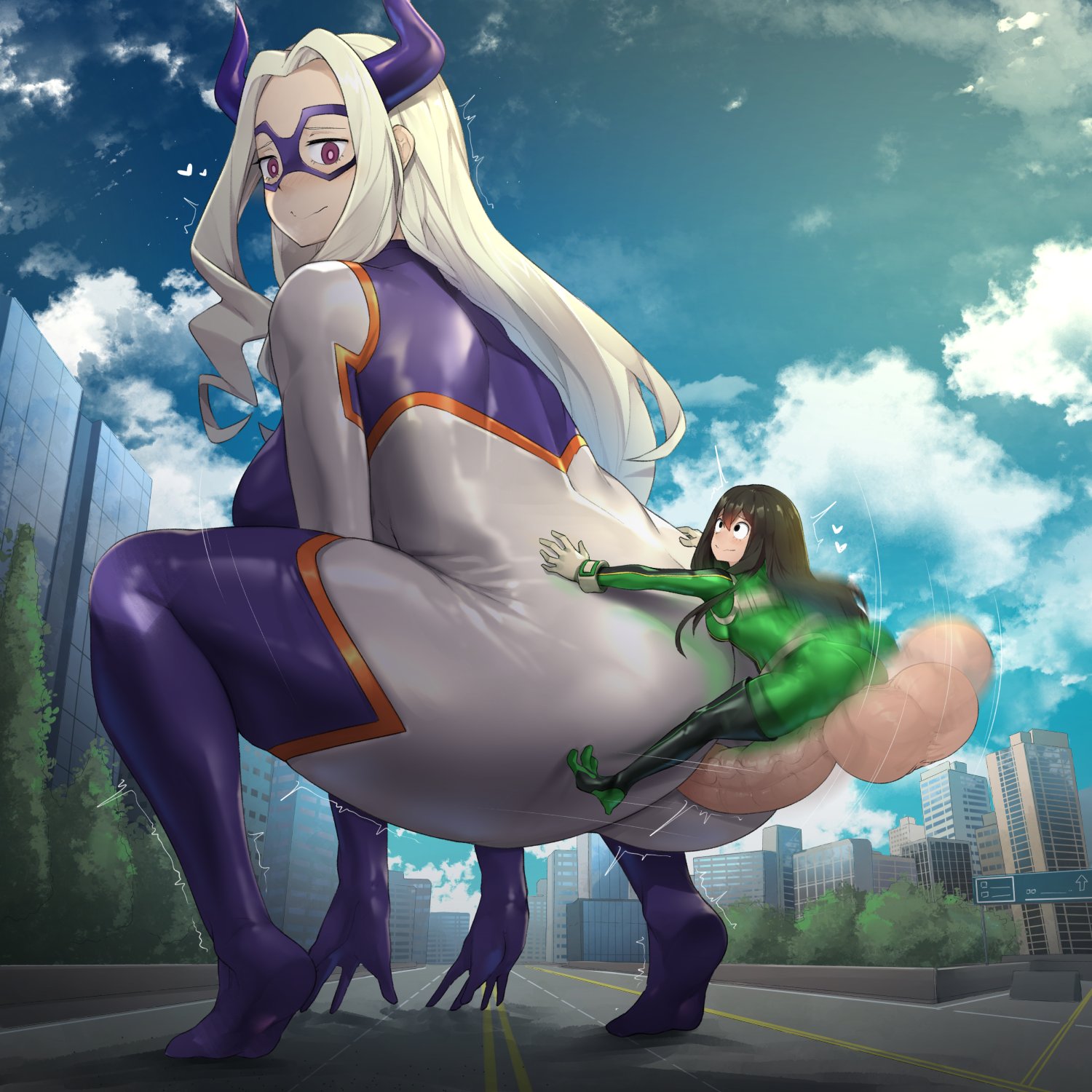 1futa, 1girls, ass, big ass, big breasts, breasts, city, female, futa on female, futanari, hero outfit (mha), huge ass, huge cock, intersex, larger female, mount lady, my hero academia, outside, penis, sinensian, size difference, small but hung, smaller futa, tight clothing, tight fit, tsuyu asui, uncensored, yuu takeyama