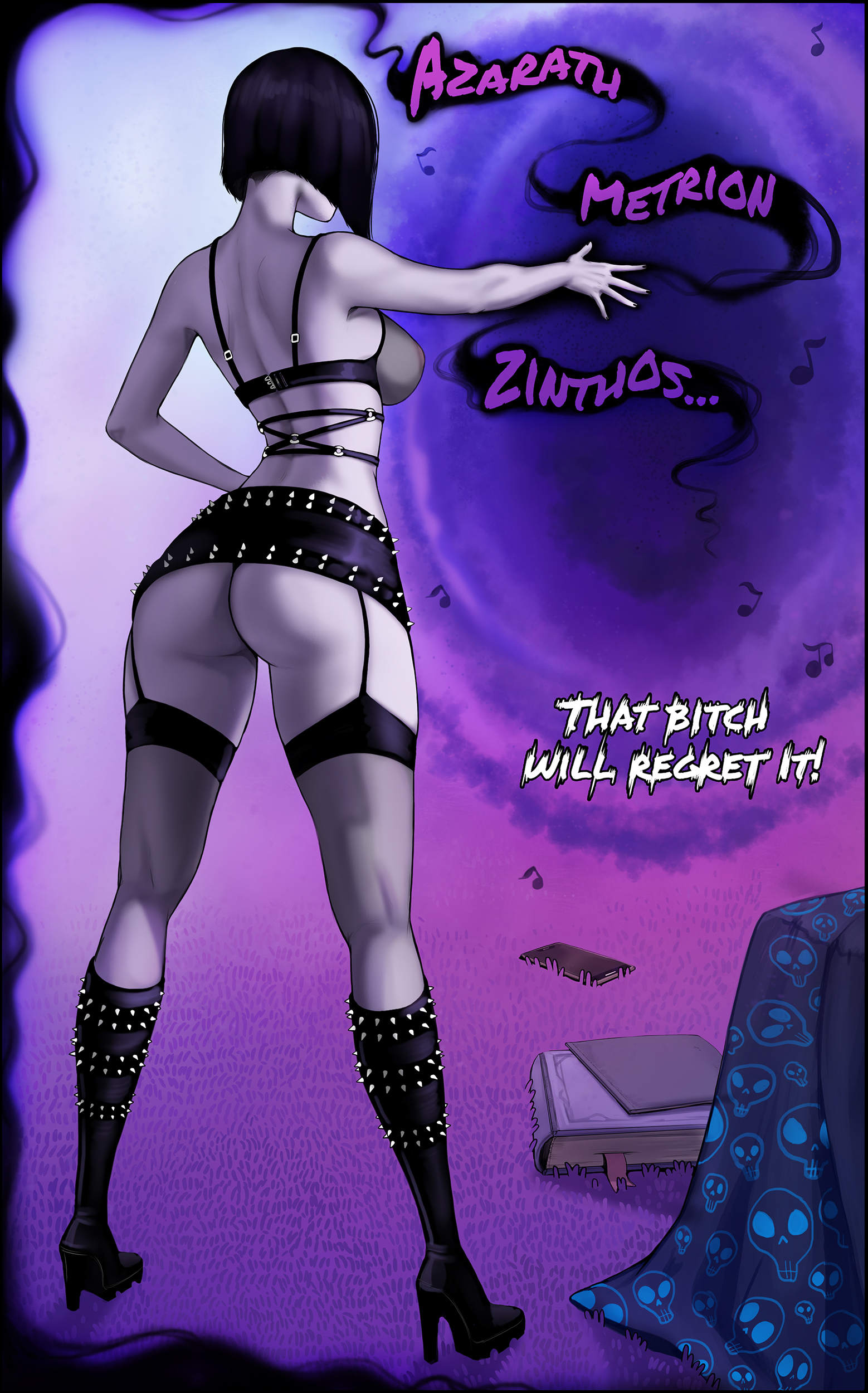 alternate breast size, aroma sensei, ass, big breasts, bob cut, book, boots, breasts, bubble ass, bubble butt, dc, dc comics, female, female only, garter belt, garter belt leggings, garter straps, goth, grey skin, half demon, high heel boots, high heels, large breasts, light skin, light-skinned female, magic, nipples, pale skin, pale-skinned female, purple hair, rachel roth, raven (dc), short hair, smooth skin, teen titans