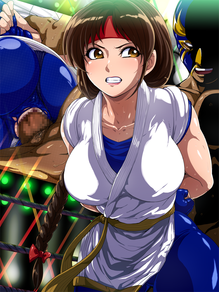 1girls angry big_breasts blue_clothing blush bondage braid brown_eyes brown_hair censored dark_skin defeated dubious_consent female fingerless_gloves headband king_of_fighters long_hair male mask moaning open_mouth penetration penis questionable_consent raburebo rape ripped_clothing sex snk straight sweat vaginal_penetration wrestling_ring yuri_sakazaki