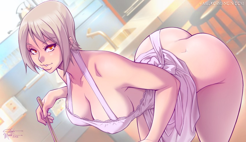 1girls, apron, apron only, ass, bent over, breasts, busty, cleavage, exposed ass, female, female only, kitchen, melkor mancin, naked apron, nakiri alice, red eyes, shokugeki no souma, white hair, white-haired female