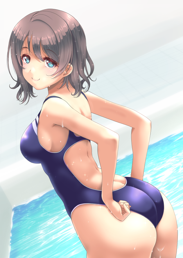 adjusting_clothes adjusting_swimsuit ass back bangs bare_arms bare_back blue_eyes blush breasts competition_swimsuit eyebrows_visible_through_hair female frapowa grey_hair looking_at_viewer looking_back love_live! love_live!_sunshine!! medium_breasts one-piece_swimsuit pool short_hair sidelocks sleeveless smile solo swimsuit watanabe_you water water_drop wet wet_clothes wet_hair wet_swimsuit