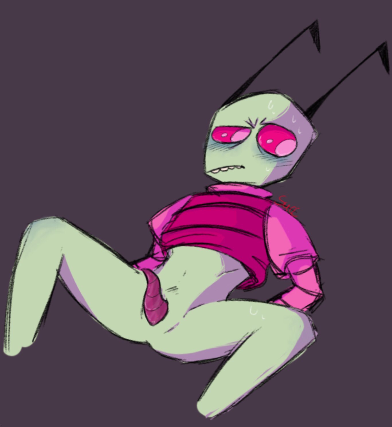 1boy alien alien_genitalia alien_humanoid alien_penis antennae blush color colored embarrassed green_skin invader_zim irken legs_apart looking_away male male_only no_pants pink_eyes pink_penis purple_background shaded shirt_lift shy simple_background sketch smooth_skin solo spread_legs sweat teeth zim