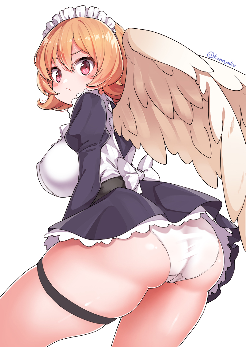 2020 ass birdmaid breasts clothed clothing eyebrow_through_hair eyebrows female hair_ornament harpy harpy_girl hi_res humanoid ishuzoku_reviewers konnyaku konnyaku_(kk-monmon) long_hair looking_at_viewer looking_back meidri panties simple_background solo thighs underwear white_panties wings