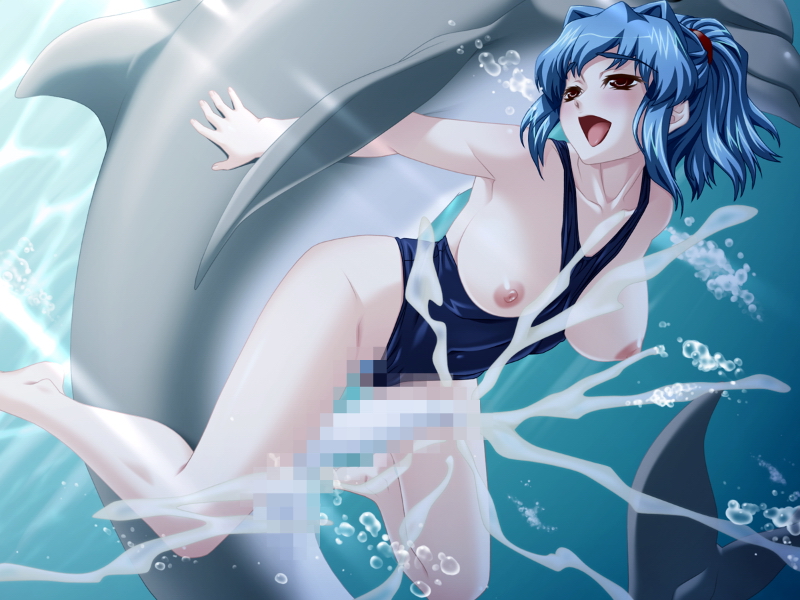 4:3, blue hair, breasts, censored, cum, dolphin, female, hair, male, penis, underwater, zoophilia