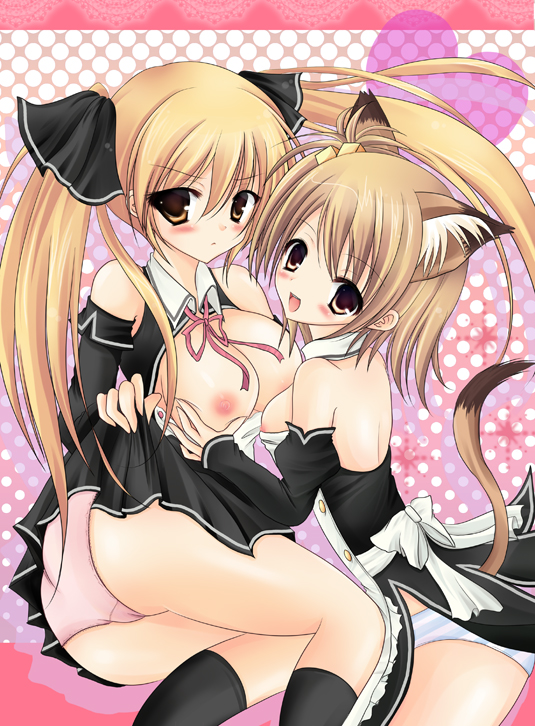 2girls animal_ear blush breasts character_request dream_c_club large_breasts mian_(dream_c_club) multiple_girls nipples panties setsu_(dream_c_club) smile tail underwear waitress