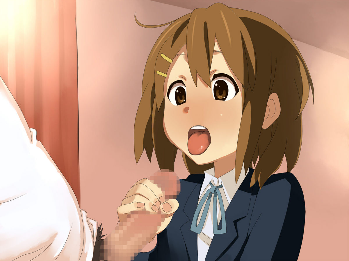 1boy 1girls brown_eyes brown_hair female handjob human human_only k-on! male open_mouth pubic_hair school_uniform short_hair soapland straight tongue_out yui_hirasawa_(k-on!)