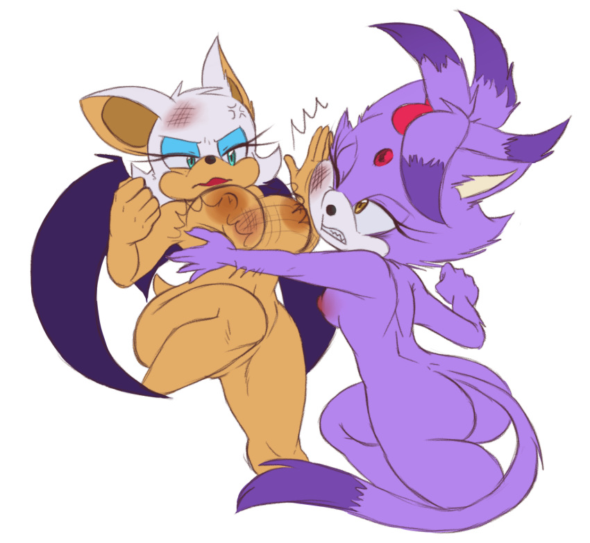 2019 angry anthro big_breasts blaze_the_cat blue_eyes bluechika breasts bruised chiropteran domestic_cat duo eyeshadow felid feline felis female fight fur hair makeup mammal nipples nude one_eye_closed purple_body purple_fur purple_hair rouge_the_bat shortstack simple_background slapping sonic_(series) sonic_the_hedgehog_(series) white_background wings yellow_eyes yuri