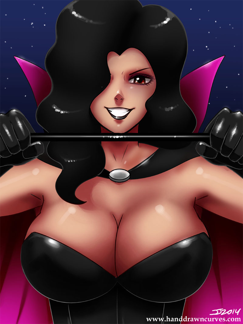 1girls, 2014, battletoads, black gloves, black hair, black lips, black lipstick, breasts, cape, cleavage, clothed, clothing, dark queen, female, female only, gloves, hair over one eye, human, human only, john joseco, large breasts, lipstick, looking at viewer, red eyes, shiny, shiny hair, shiny skin, smile, solo