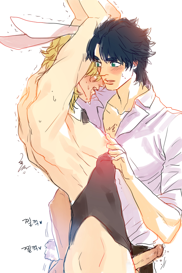 2boys biting_clothes blush bunny_boy bunny_ears bunnysuit dio_brando erection gay human human_only japanese_text jojo's_bizarre_adventure jonathan_joestar male_only multiple_boys nipples penis penis_out phantom_blood precum revealing_clothes sangae skimpy_clothes step-incest tail white_background yaoi