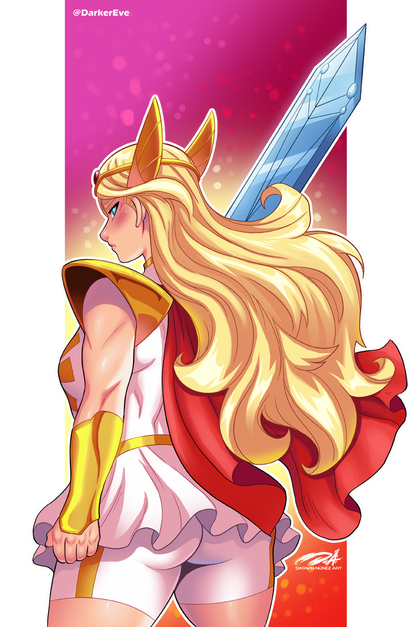 adora, angry, armor, back view, bike shorts, darkereve, dress, female, jpeg, long hair, she-ra, she-ra and the princesses of power, short skirt, signature, skirt, solo, sword, tagme, text, thick thighs, tiara, white dress, white skirt