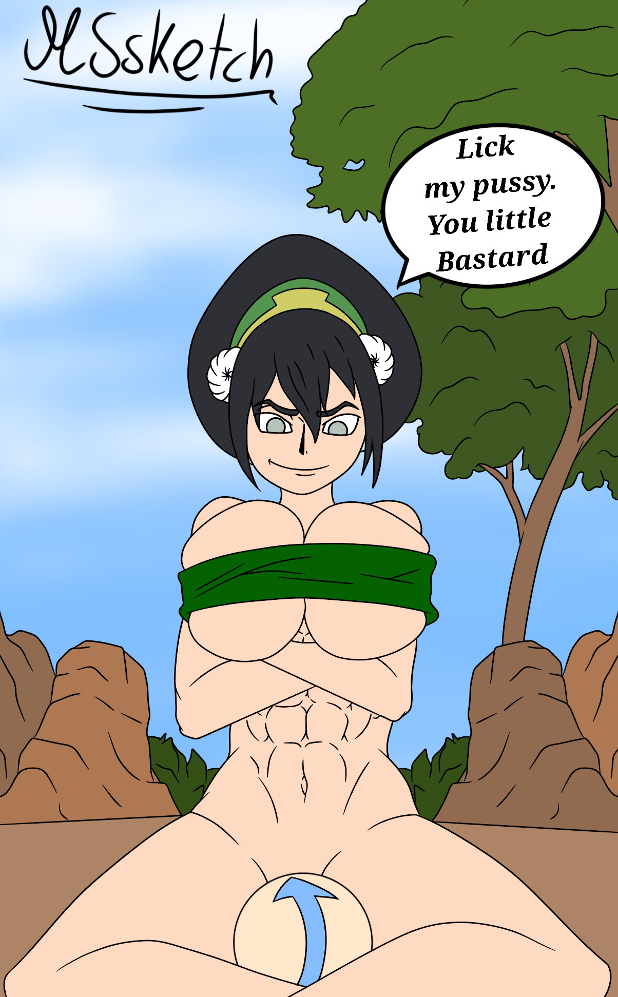 1boy, 1girls, aang, abs, air nomad, airbender tattoo, arms crossed, artist name, avatar legends, avatar the last airbender, bandeau bikini, big breasts, breasts, clothing, crossed arms, cunnilingus, earth kingdom, english text, facesitting, female, femdom, large breasts, male, male/female, mssketch, muscular, muscular female, nickelodeon, oral sex, outside, signature, six pack, smirk, speech bubble, straight hair, taang, text, the avatar, toph bei fong, tree