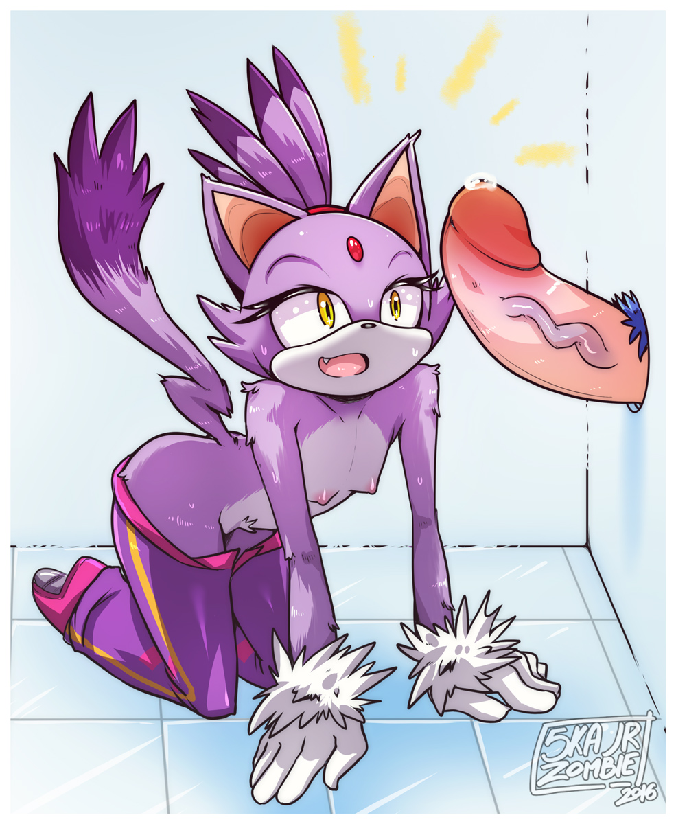 1boy, 1girls, blaze the cat, blaze the rider, blue fur, breasts, cat ears, cat tail, erection, eyelashes, felid, felid humanoid, feline, feline humanoid, female, female focus, fur, furry, furry ears, furry tail, gem, glory hole, gloves, hairband, humanoid, imminent fellatio, legwear, looking at penis, male, nipples, oerba yun fang, on floor, on knees, open mouth, penis, pink shoes, precum, purple body, purple fur, purple hair, purple legwear, red hairband, shoes, skajrzombie, small breasts, smile, solo focus, sonic (series), sonic riders, sonic the hedgehog, tile floor, tiles, topless, white gloves, yellow eyes