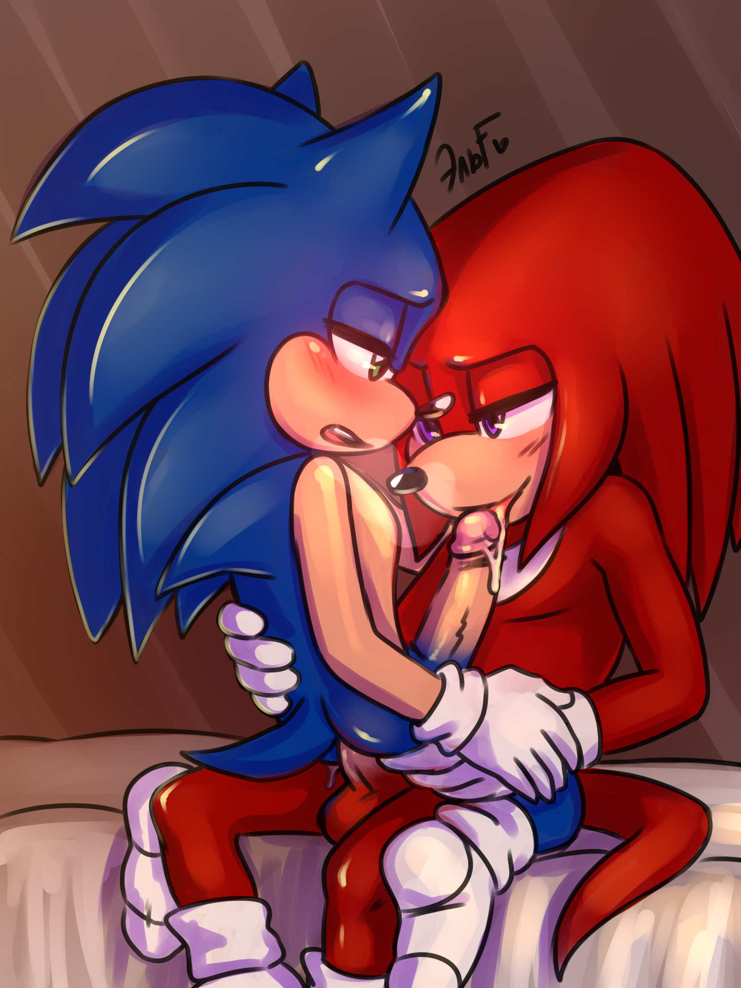 2boys, anal, anal sex, anthro, anthro on anthro, ass, bed, blue body, blue fur, blue hair, breath, breathing, echidna, erection, fellatio, fur, furry, furry only, furry tail, gay, green eyes, hand on back, hand on hand, hedgehog, holding hands, holding leg, holding partner, humanoid, humanoid penis, knuckles the echidna, krazyelf, licking penis, male, male focus, male only, male/male, mostly nude, on bed, open mouth, penis, purple eyes, red body, red fur, red hair, saliva, saliva on penis, saliva trail, sex, sheets, simple background, socks, sonic (series), sonic the hedgehog, sonknux, tongue, tongue out, white socks, yaoi